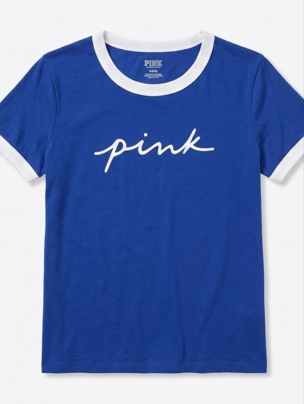 NEW PINK Victorias Secret Royal Blue White Script Logo Ringer Tee M